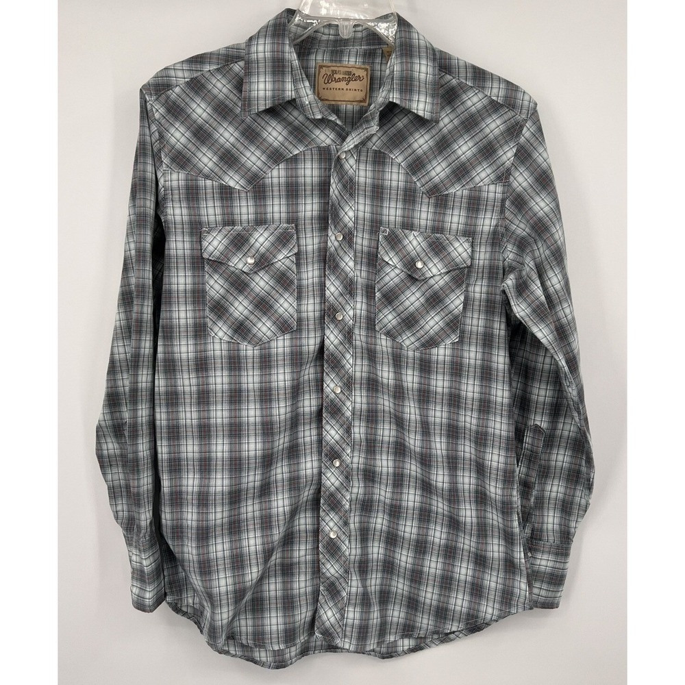 Wrangler Nolan Yates Mens Grey Plaid Pearl Snap Western Shirt Long Sleeve M